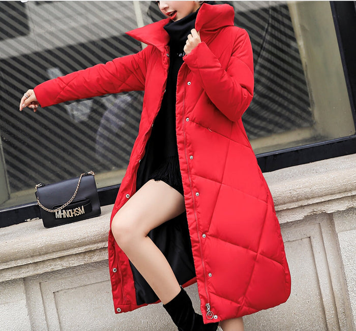 Long Padded Jacket with High Neckline for Women: dark gray, white long padded coat, minimal winter outerwear style