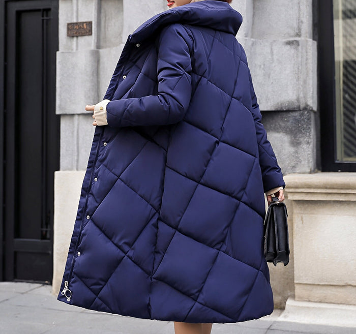 Long Padded Jacket with High Neckline for Women: dark gray, white long padded coat, minimal winter outerwear style