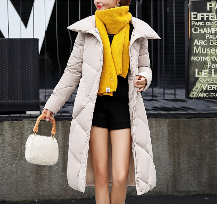 Long Padded Jacket with High Neckline for Women: dark gray, white long padded coat, minimal winter outerwear style