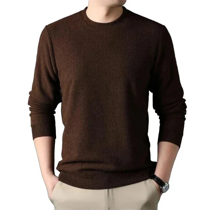 Long Sleeve Casual Men's Shirt: dark brown long-sleeve crewneck sweater, minimal style
