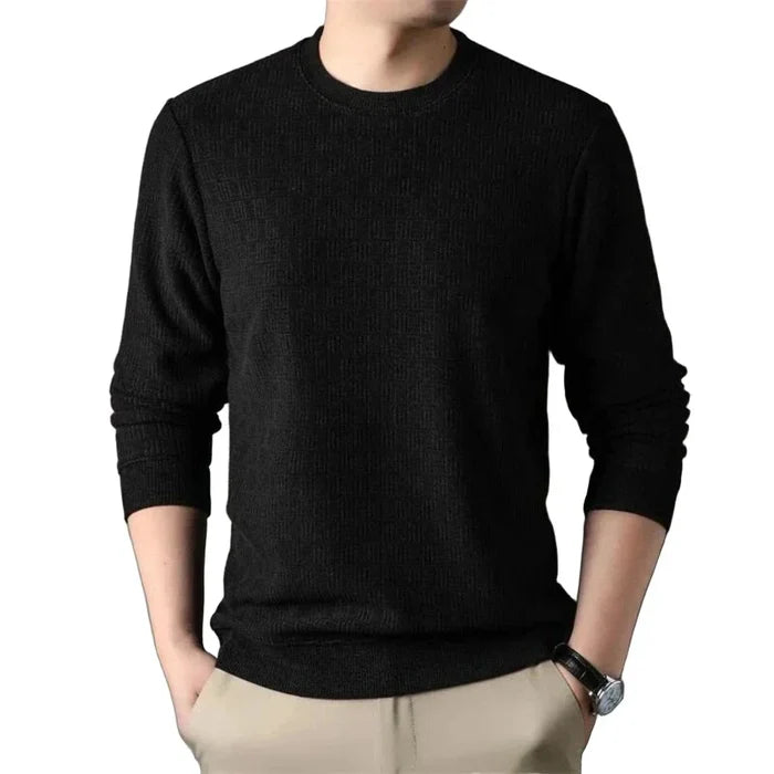Long Sleeve Casual Men's Shirt: dark brown long-sleeve crewneck sweater, minimal style