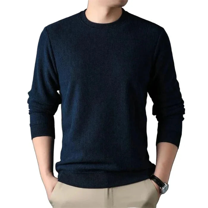 Long Sleeve Casual Men's Shirt: dark brown long-sleeve crewneck sweater, minimal style