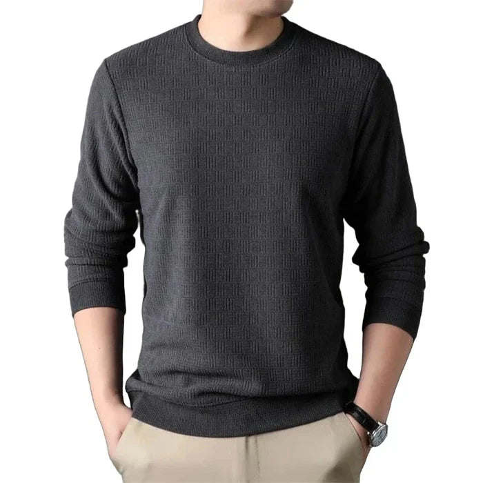 Long Sleeve Casual Men's Shirt: dark brown long-sleeve crewneck sweater, minimal style
