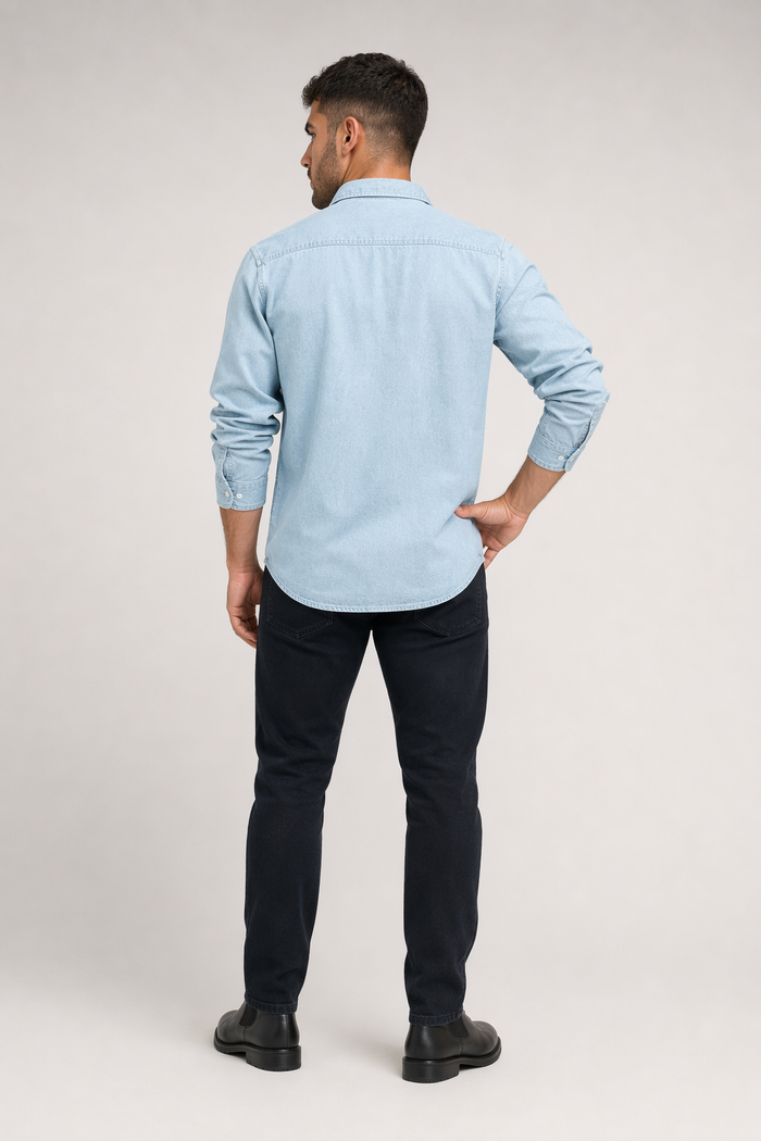 Long Sleeve Denim Shirt with Single Pocket for Men Light Blue