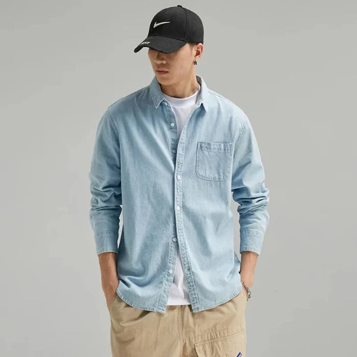 Long Sleeve Denim Shirt with Single Pocket for Men: light blue button-up shirt, casual minimal style