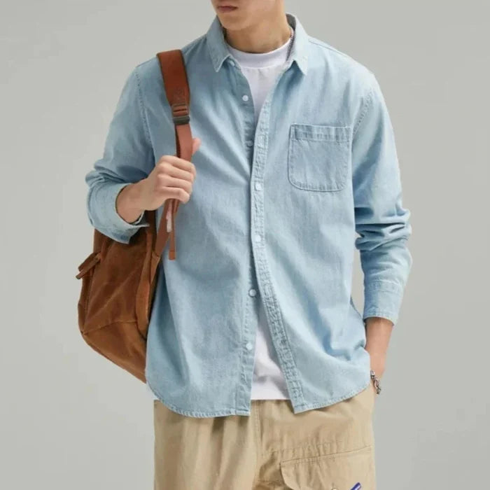 Long Sleeve Denim Shirt with Single Pocket for Men: light blue button-up shirt, casual minimal style