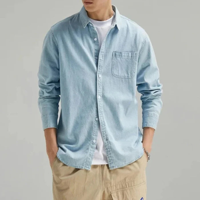 Long Sleeve Denim Shirt with Single Pocket for Men: light blue button-up shirt, casual minimal style