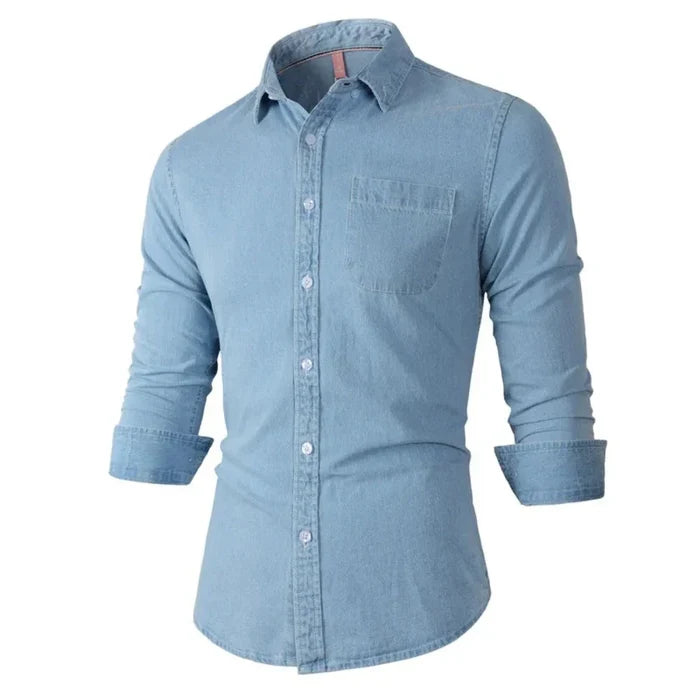 Long Sleeve Denim Shirt with Single Pocket for Men: light blue button-up shirt, casual minimal style