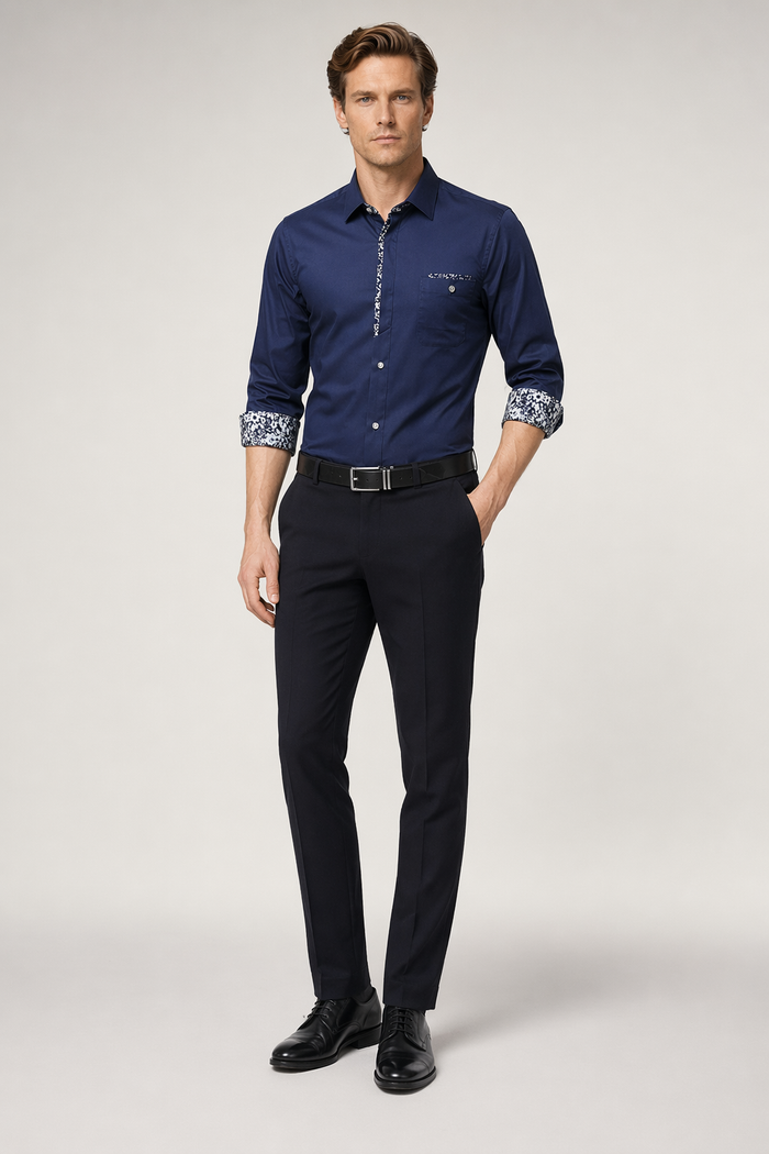 Long Sleeve Floral Button-Up Shirt for Men Navy