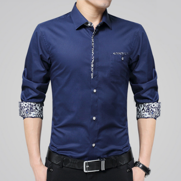 Long Sleeve Floral Button-Up Shirt for Men: navy blue, white button-up shirt, modern casual style