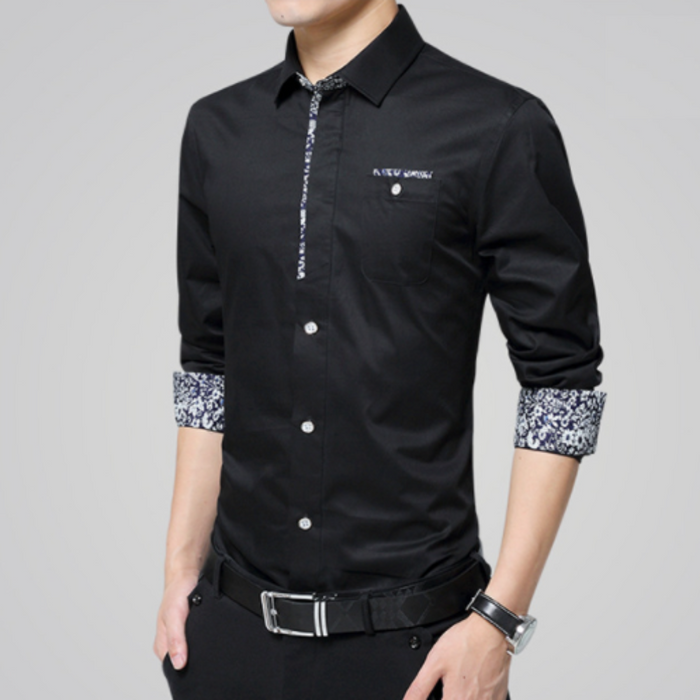 Long Sleeve Floral Button-Up Shirt for Men: navy blue, white button-up shirt, modern casual style