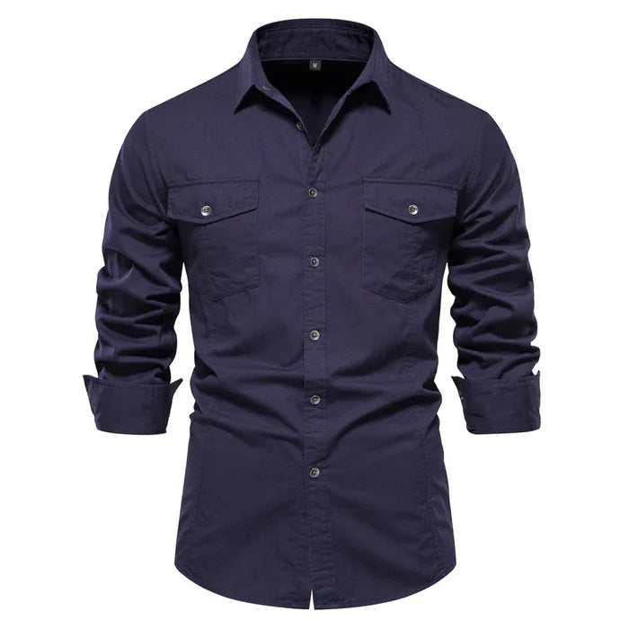 Long Sleeve Military Shirt with Dual Pockets for Men: dark navy blue, black long-sleeve button-up shirt, casual style