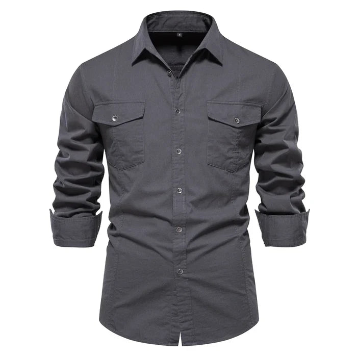 Long Sleeve Military Shirt with Dual Pockets for Men: dark navy blue, black long-sleeve button-up shirt, casual style