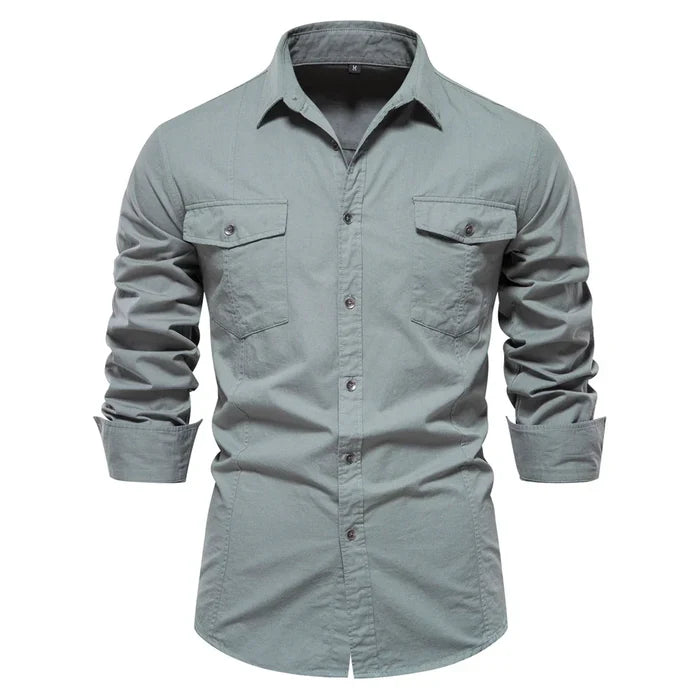 Long Sleeve Military Shirt with Dual Pockets for Men: dark navy blue, black long-sleeve button-up shirt, casual style