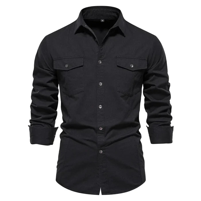 Long Sleeve Military Shirt with Dual Pockets for Men: dark navy blue, black long-sleeve button-up shirt, casual style