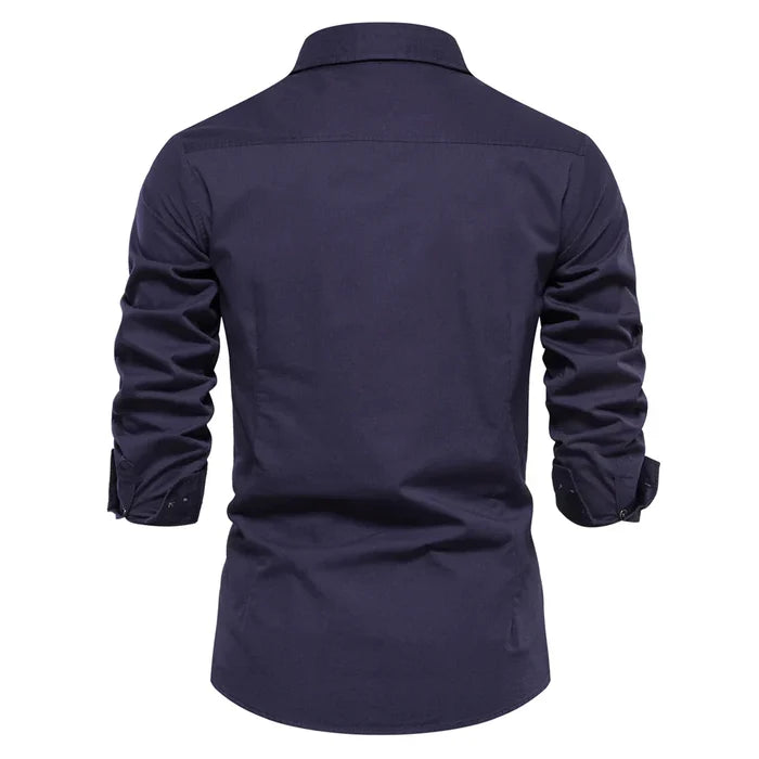 Long Sleeve Military Shirt with Dual Pockets for Men: dark navy blue, black long-sleeve button-up shirt, casual style