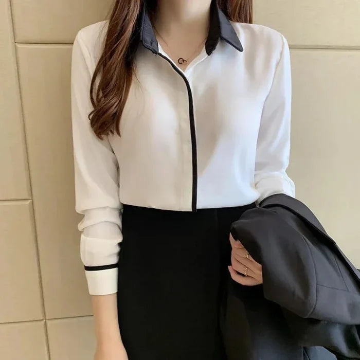 Long Sleeve Women's Business Attire Top: white, black long-sleeve collared blouse, minimal style