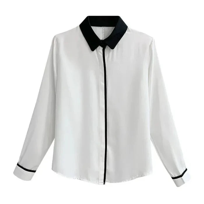 Long Sleeve Women's Business Attire Top: white, black long-sleeve collared blouse, minimal style