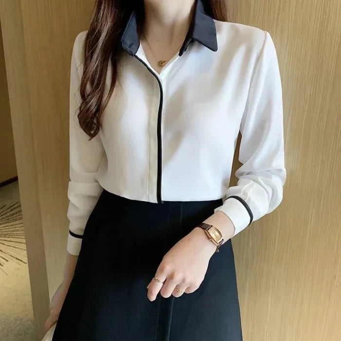 Long Sleeve Women's Business Attire Top: white, black long-sleeve collared blouse, minimal style