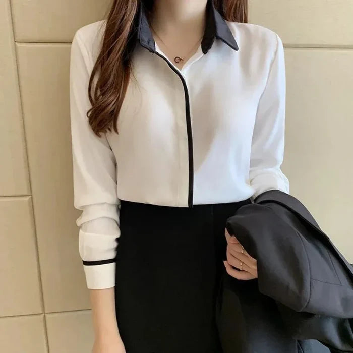 Long Sleeve Women's Business Attire Top: white, black long-sleeve collared blouse, minimal style