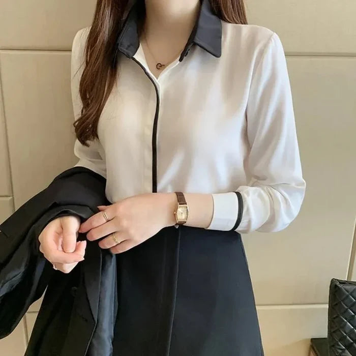 Long Sleeve Women's Business Attire Top: white, black long-sleeve collared blouse, minimal style