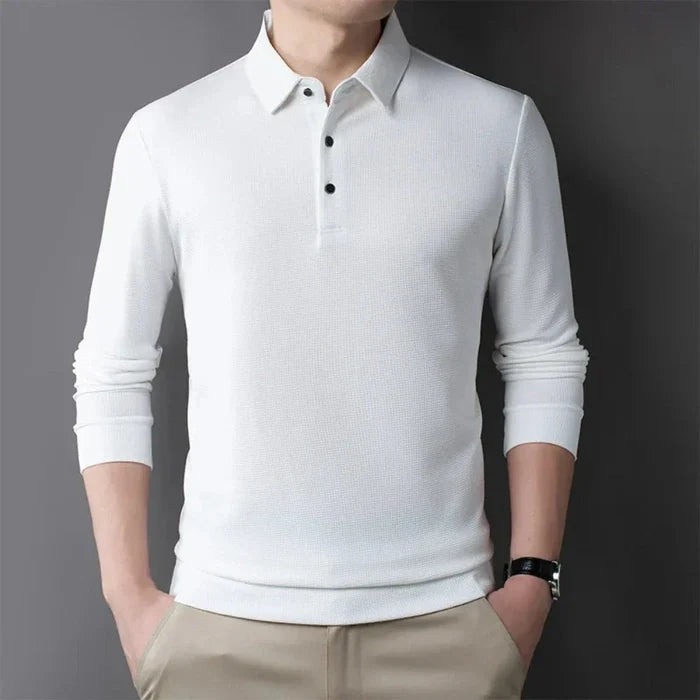 Long-Sleeved Polo Shirt for Men: A Timeless Classic: white, black long-sleeve polo shirt, minimal style