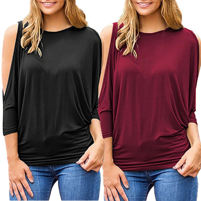 Loose Fit Blouse for Women with Round Neck: black, burgundy long-sleeve draped tops, casual minimal style