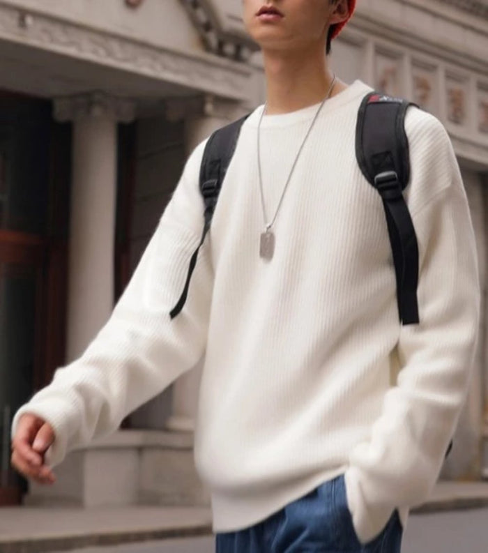 Loose-Fitting Crew Neck Sweater with a KPOP Vibe for Men: white, black sweater, minimal casual style