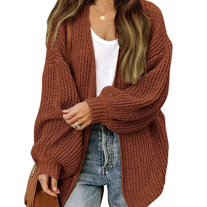 Loose Open Front Women's Casual Cardigan: rust brown, white cardigan sweater, casual oversized knit style