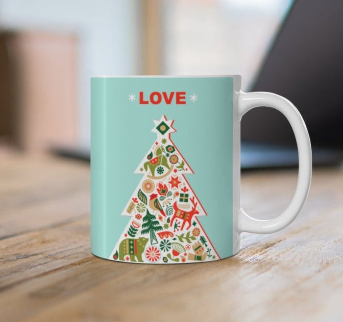 Love-Filled Ceramic Mug for Christmas Tree Lovers, 11oz: mint green, white Christmas tree holiday theme, festive graphic illu