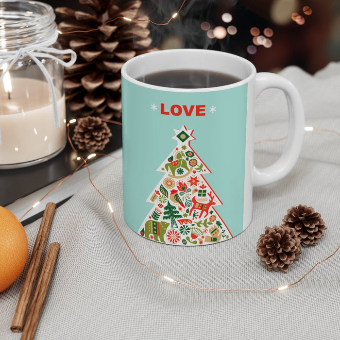 Love-Filled Ceramic Mug for Christmas Tree Lovers, 11oz: mint green, white Christmas tree holiday theme, festive graphic illu
