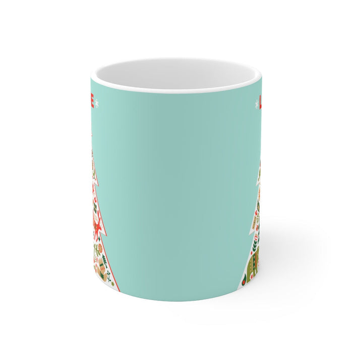 Love-Filled Ceramic Mug for Christmas Tree Lovers, 11oz: mint green, white Christmas tree holiday theme, festive graphic illu