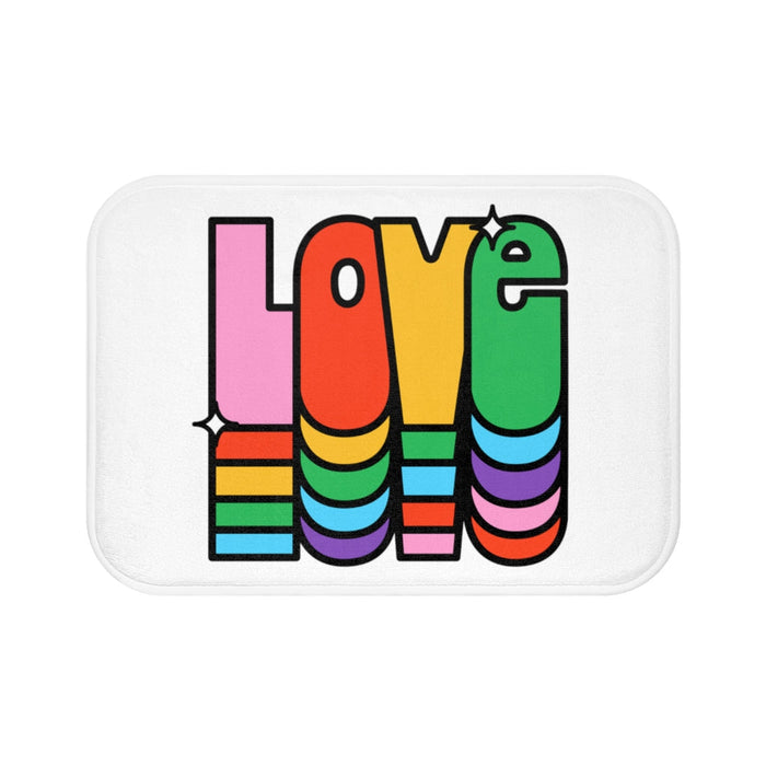 Love Rainbow Bath Mat: white, pink love typography, retro cartoon graphic style