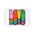 Love Rainbow Bath Mat: white, pink love typography, retro cartoon graphic style