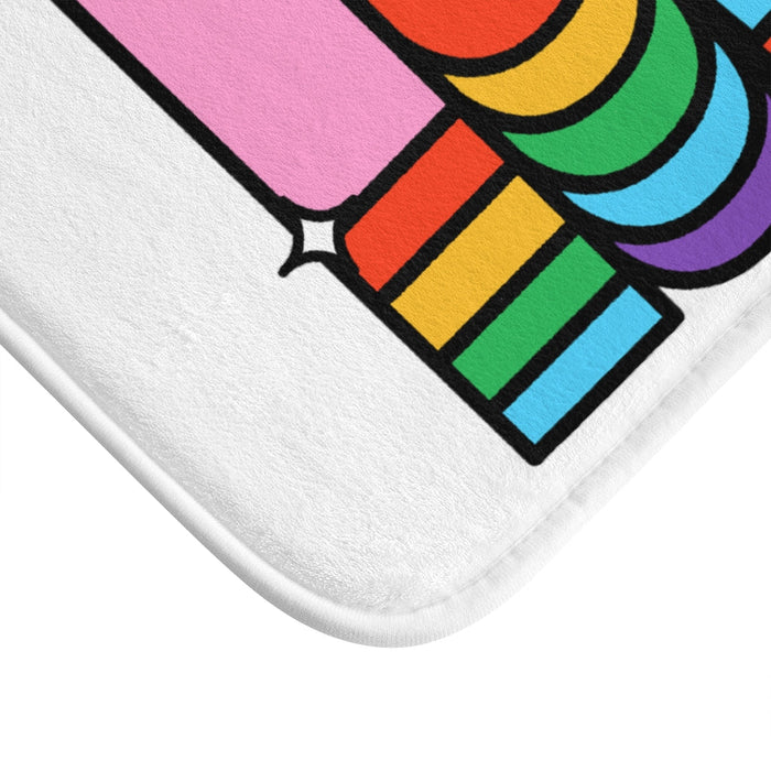 Love Rainbow Bath Mat: white, pink love typography, retro cartoon graphic style