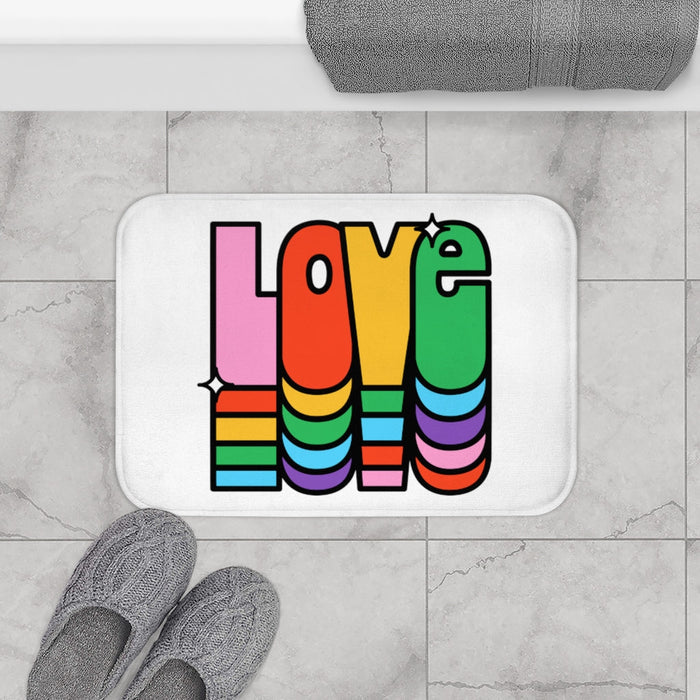Love Rainbow Bath Mat: white, pink love typography, retro cartoon graphic style