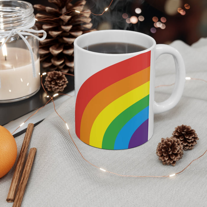 Love Rainbow Mug, 11oz: white, red rainbow, minimal style
