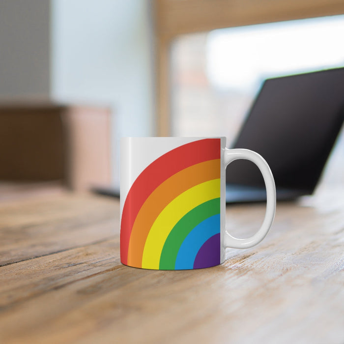 Love Rainbow Mug, 11oz: white, red rainbow, minimal style