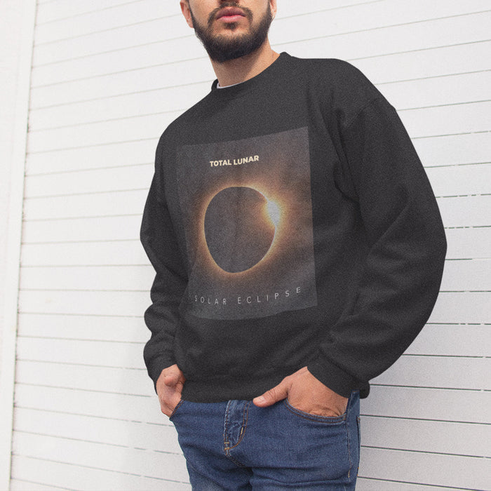 Lunar Space Men's Sweatshirt, Complete: white, black solar eclipse, minimal graphic style