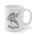 Magical Life Mug, Bubble Gum Flavor with Unicorn Design: white, gray unicorn, whimsical cartoon illustration style