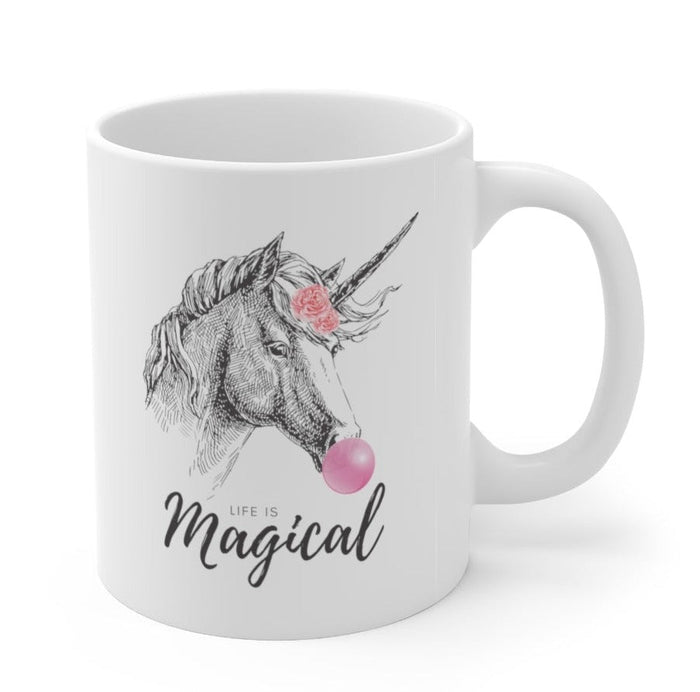 Magical Life Mug, Bubble Gum Flavor with Unicorn Design: white, gray unicorn, whimsical cartoon illustration style