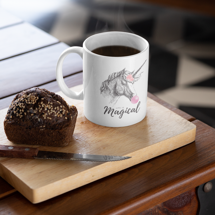 Magical Life Mug, Bubble Gum Flavor with Unicorn Design: white, gray unicorn, whimsical cartoon illustration style