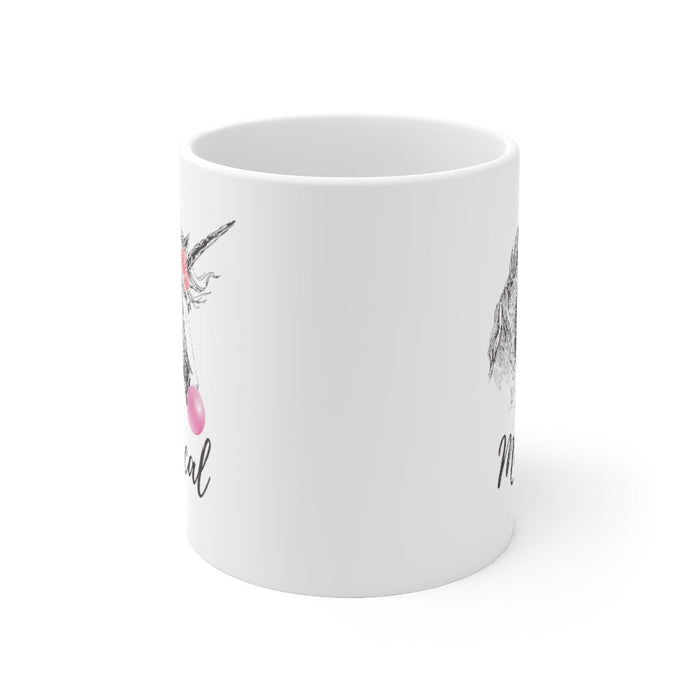 Magical Life Mug, Bubble Gum Flavor with Unicorn Design: white, gray unicorn, whimsical cartoon illustration style