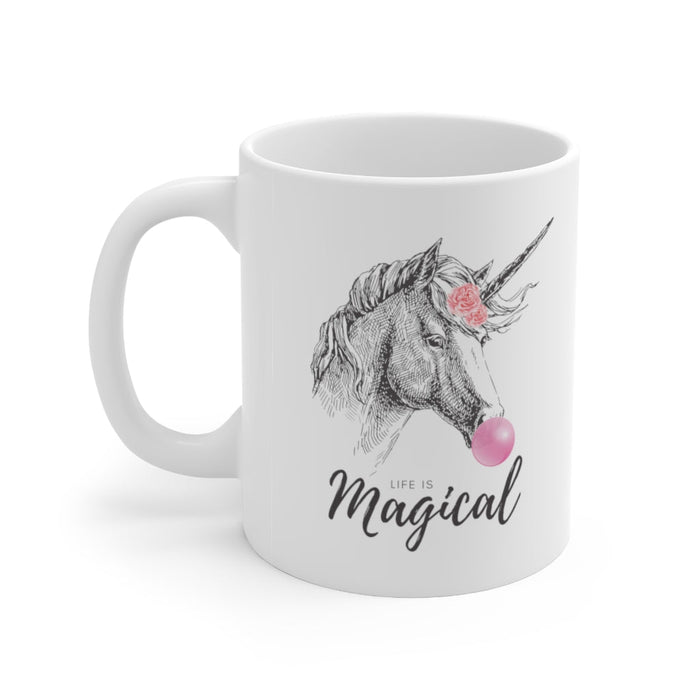 Magical Life Mug, Bubble Gum Flavor with Unicorn Design: white, gray unicorn, whimsical cartoon illustration style