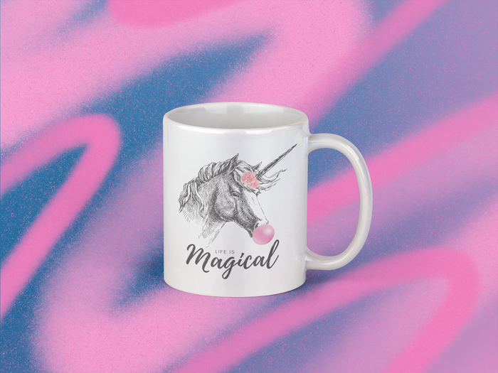 Magical Life Mug, Bubble Gum Flavor with Unicorn Design: white, gray unicorn, whimsical cartoon illustration style