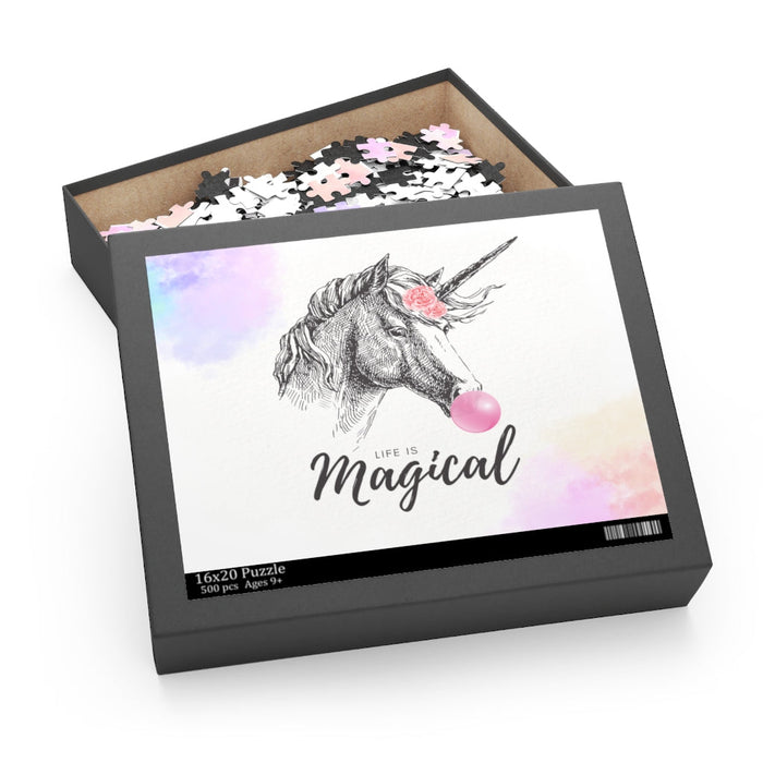 Magical Life of Unicorns: 500-Piece Jigsaw Puzzle: black, white unicorn, whimsical cartoon illustration style