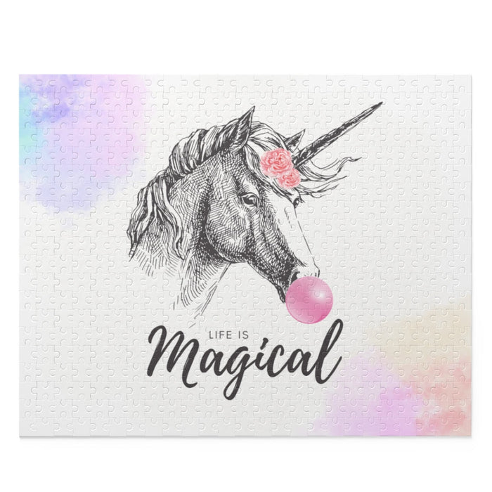 Magical Life of Unicorns: 500-Piece Jigsaw Puzzle: black, white unicorn, whimsical cartoon illustration style