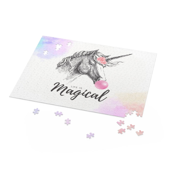 Magical Life of Unicorns: 500-Piece Jigsaw Puzzle: black, white unicorn, whimsical cartoon illustration style