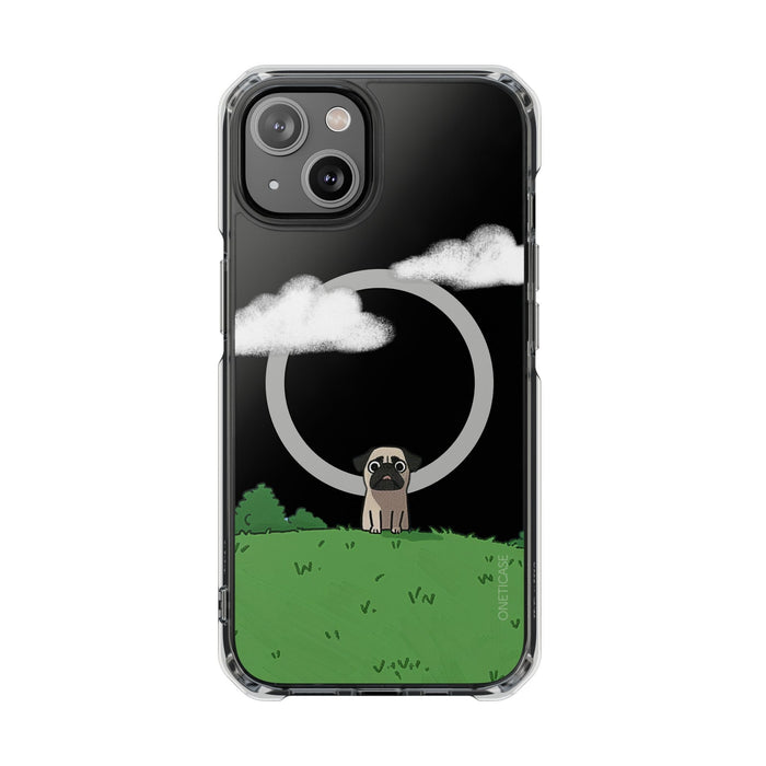 Magnetic Clear Case for iPhone Series, Clear Protection for Your Phone at the Park: black, clear pug dog under a moonlit clou