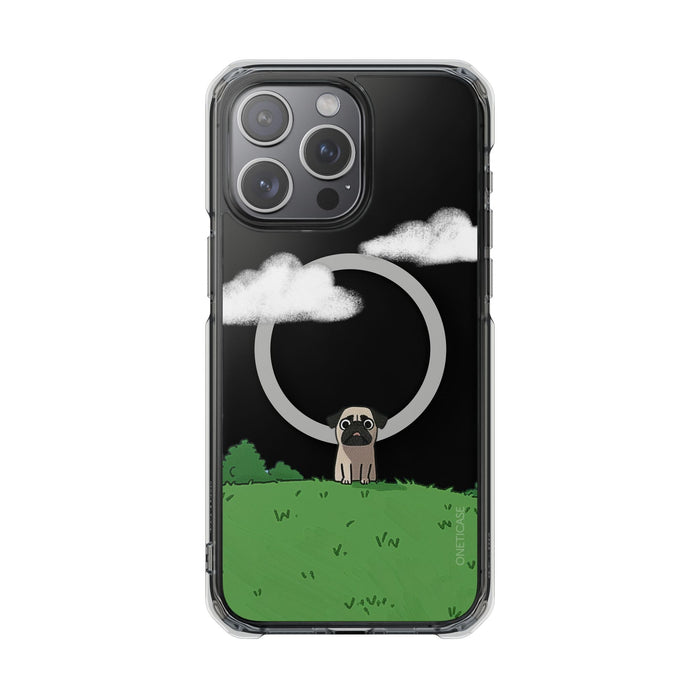 Magnetic Clear Case for iPhone Series, Clear Protection for Your Phone at the Park: black, clear pug dog under a moonlit clou